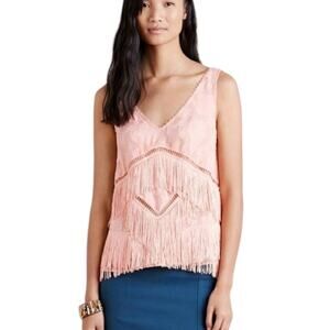 Anthropologie HD in Paris Fringe Beaded Pink Tank Top 6 Retro Flapper Rose Chic
